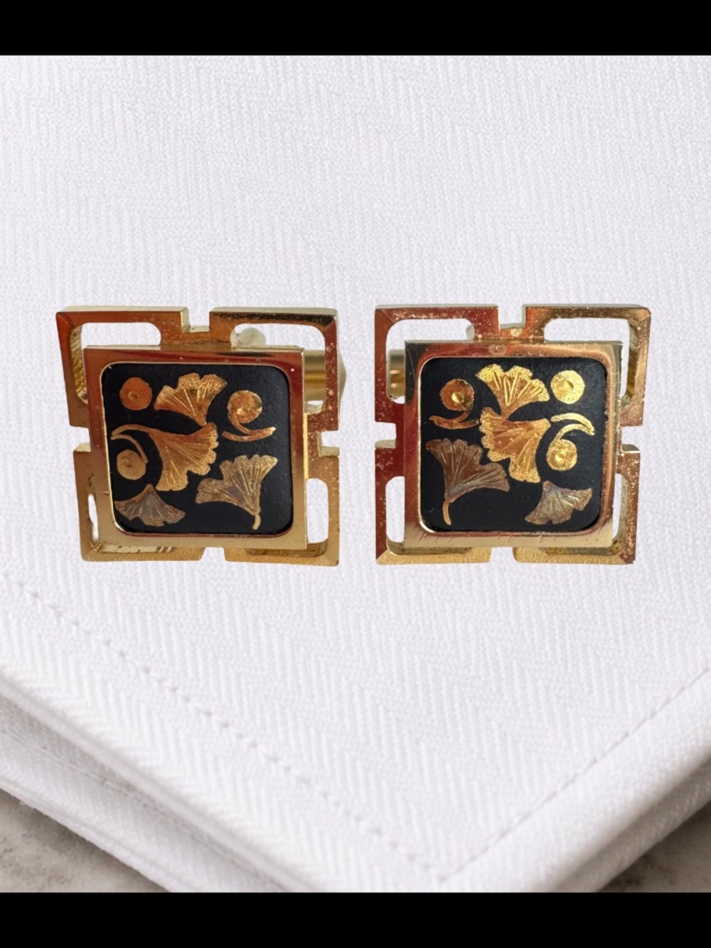 Damascene Cufflinks Ginkgo Leaf Black Gold Square Formal Wedding Groom Suits Vtg